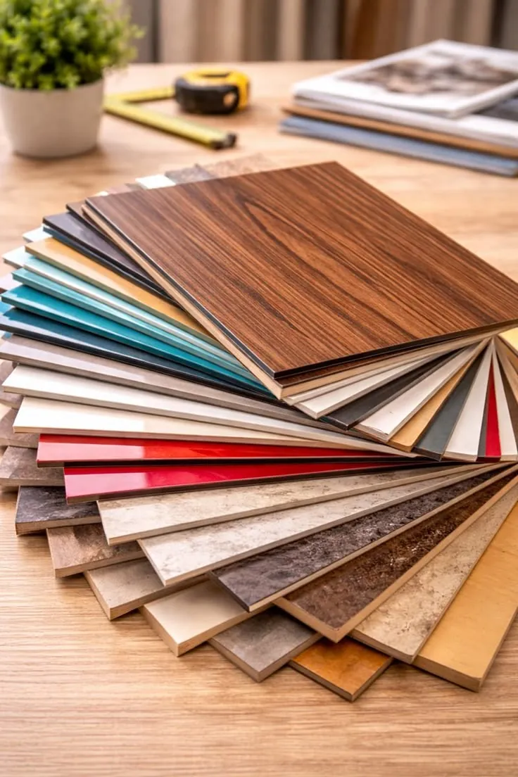 Fan of laminate sample swatches in wood-grain and solid colour finishes