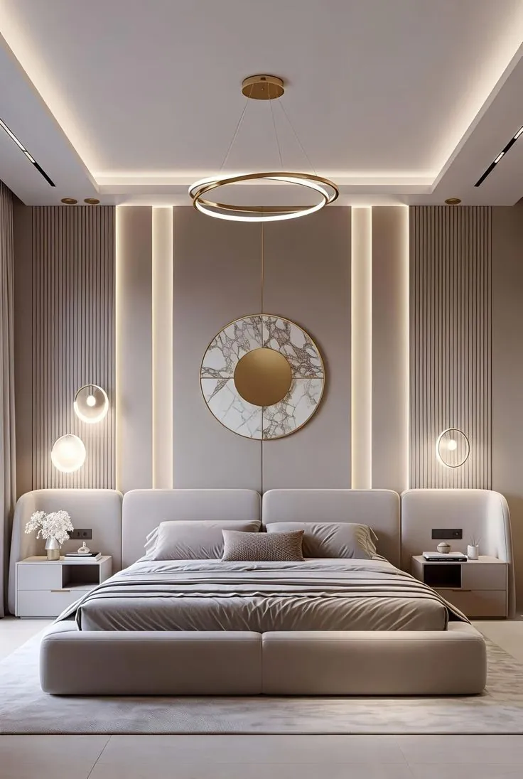 Minimalist bedroom with a grey upholstered bed, fluted wall panels and a ring pendant light