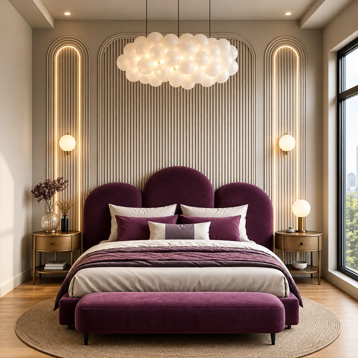 Bedroom with a plum velvet scalloped headboard, fluted wall panels and a cloud pendant light