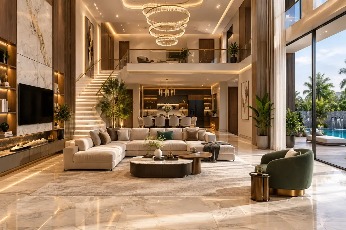 Double-height villa living room with marble floors, a tiered chandelier and a staircase