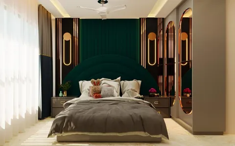 Luxury bedroom interior with deep green upholstered bed and premium lighting
