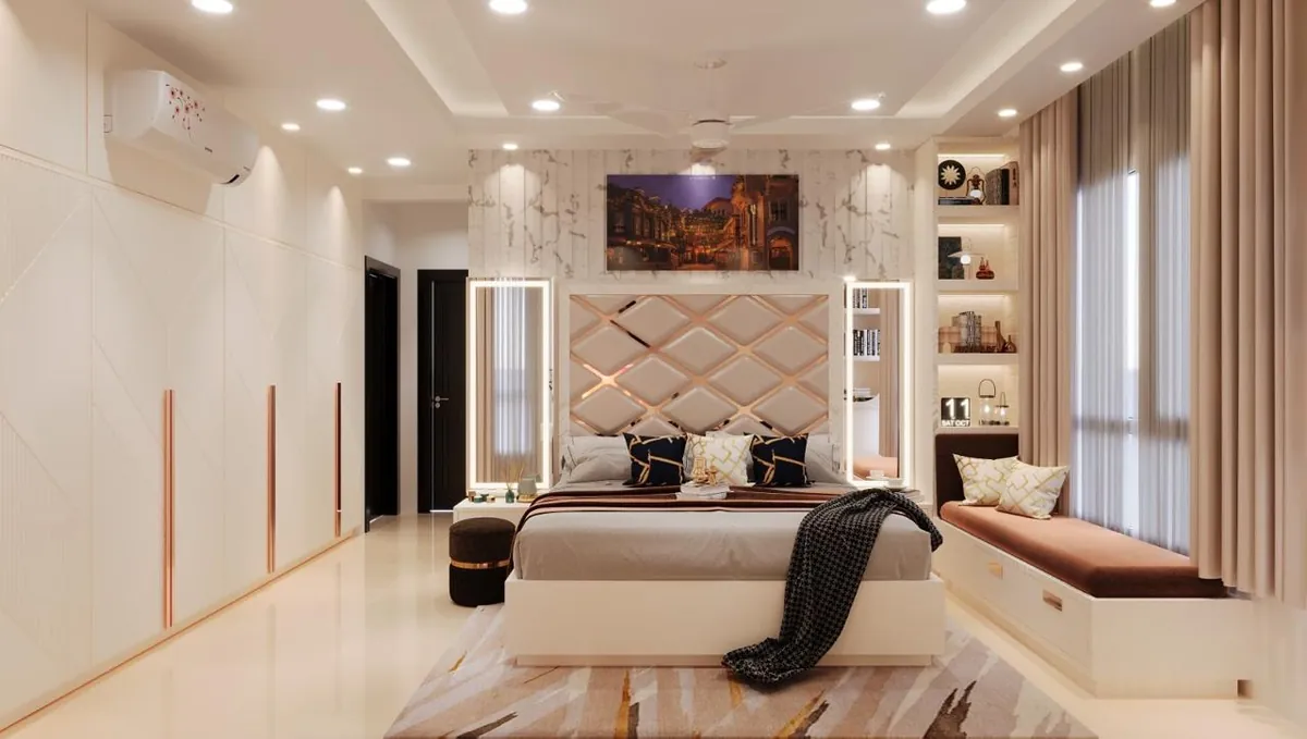 Master bedroom with diamond-tufted headboard, lit mirrors, window seat and full-height wardrobe