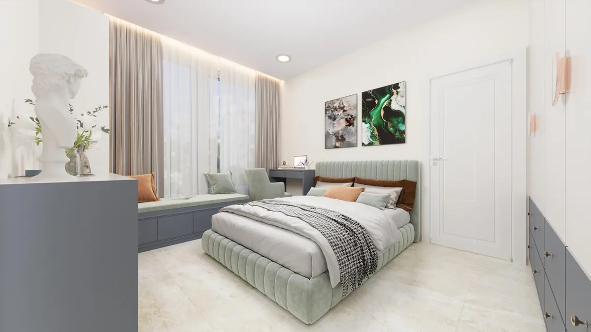 Minimalist bedroom with mint channel-tufted bed, window seat and soft neutral drapes
