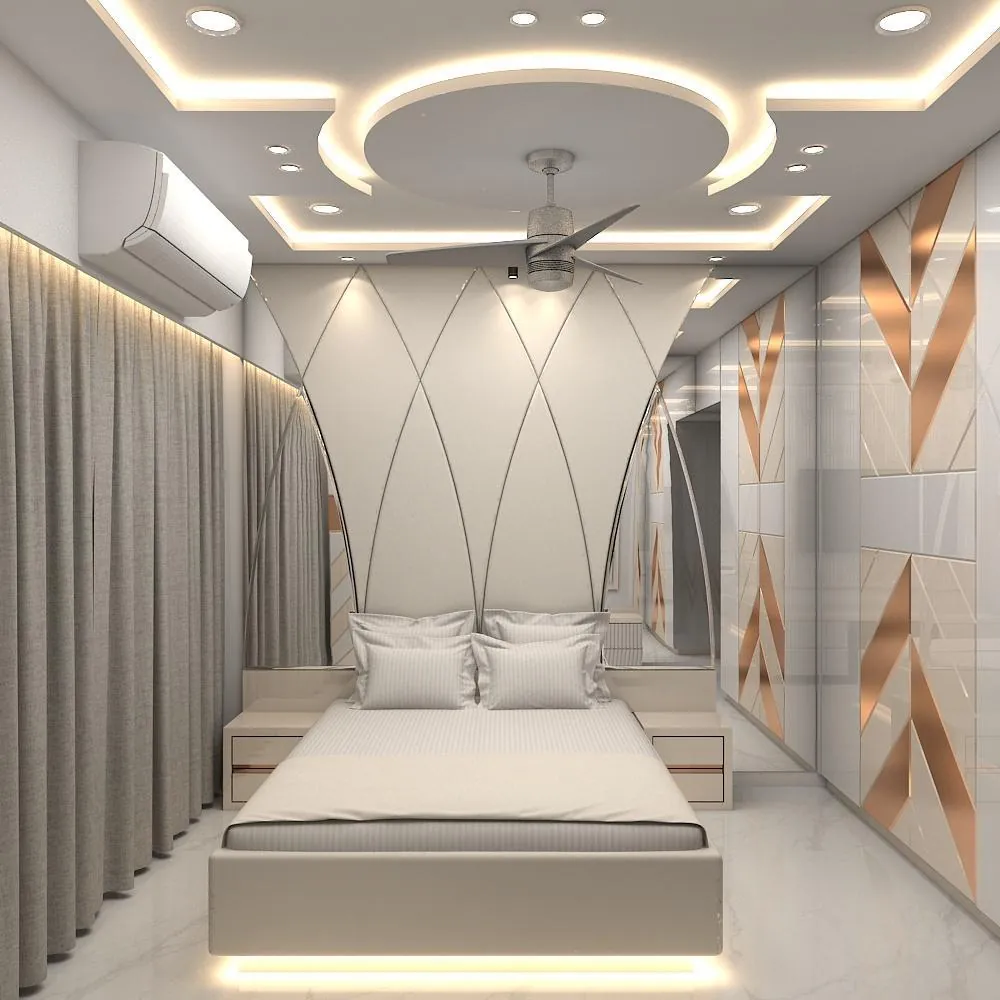 Bedroom with a sculpted ivory headboard, cove lighting and copper-inlay wardrobe — after