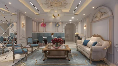 Classical living and dining interior with elegant furniture, wall mouldings and chandelier
