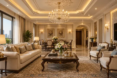 Classical living and dining room with a crystal chandelier, moulded ceiling and ivory tufted sofa
