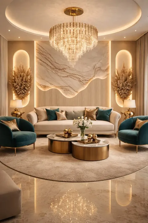 Contemporary living room with a backlit marble feature wall, teal velvet armchairs and a gold chandelier