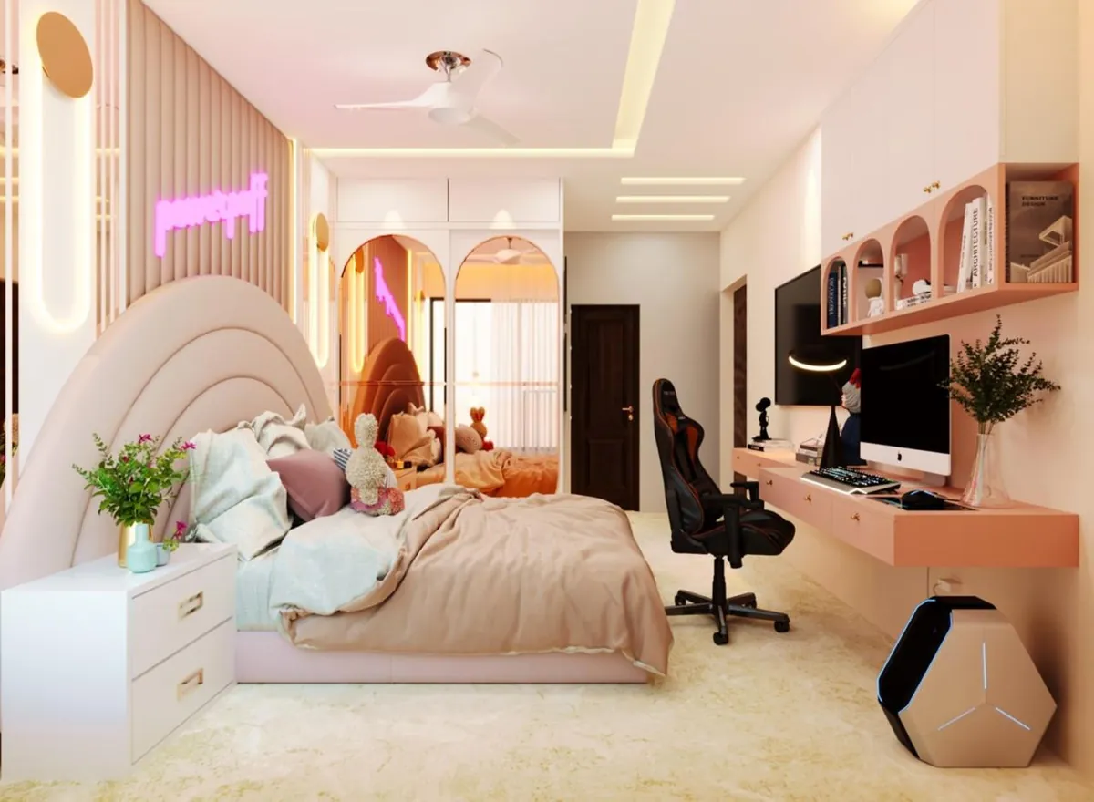 Blush-pink bedroom with a rounded headboard, neon sign, arched mirrors and study desk