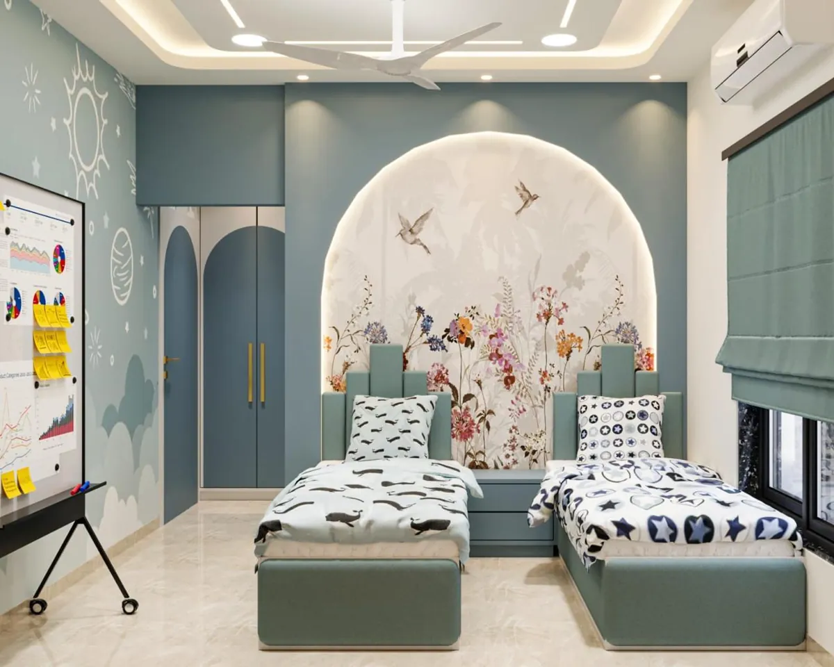 Kids room with a backlit floral arch mural, twin teal beds and arched wardrobe