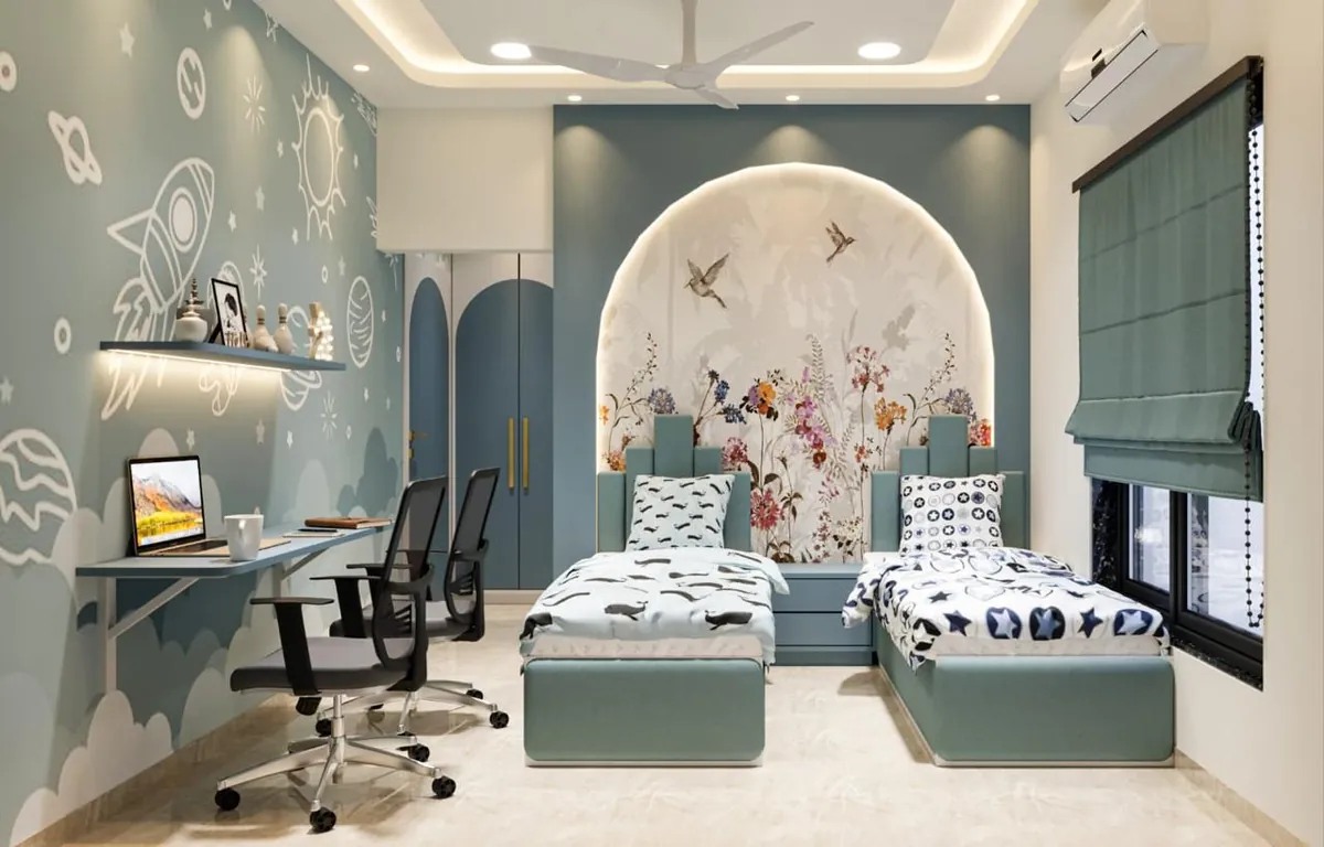 Kids room with a space-themed wall mural, floating study desk and twin beds