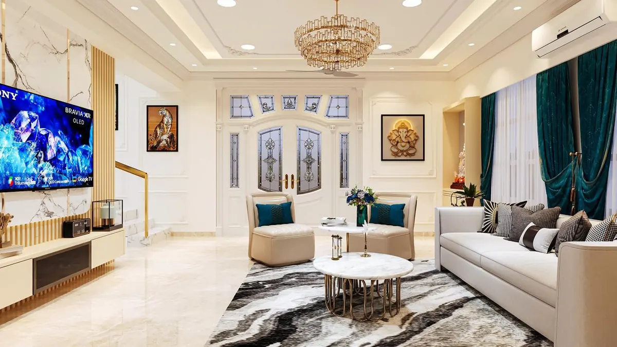 Living room with arched stained-glass doors, cream lounge chairs and a marbled rug