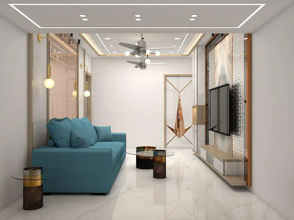 Compact living room with teal sofa, glass side tables and a copper-inlaid TV wall
