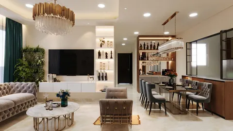 Luxury living and dining interior with warm wood finishes and refined lighting