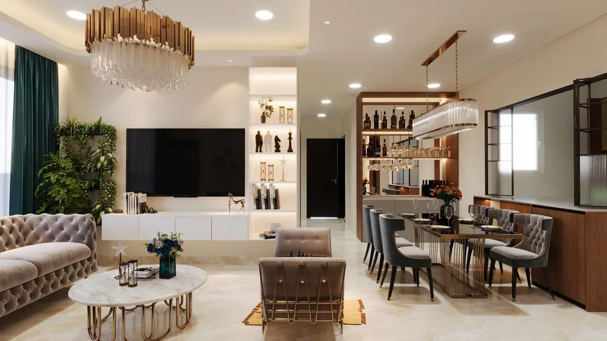 Open living and dining space with crystal chandeliers, lit display shelving and a bar unit