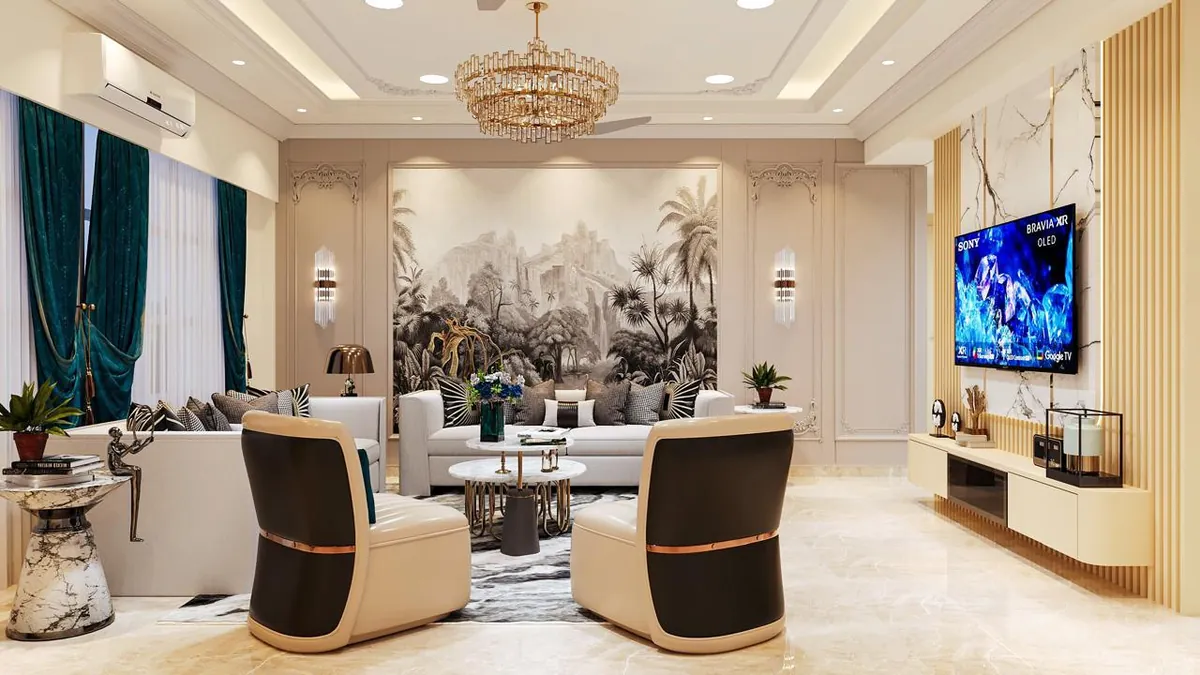 Luxury living room with a monochrome landscape mural, teal velvet drapes and a crystal chandelier