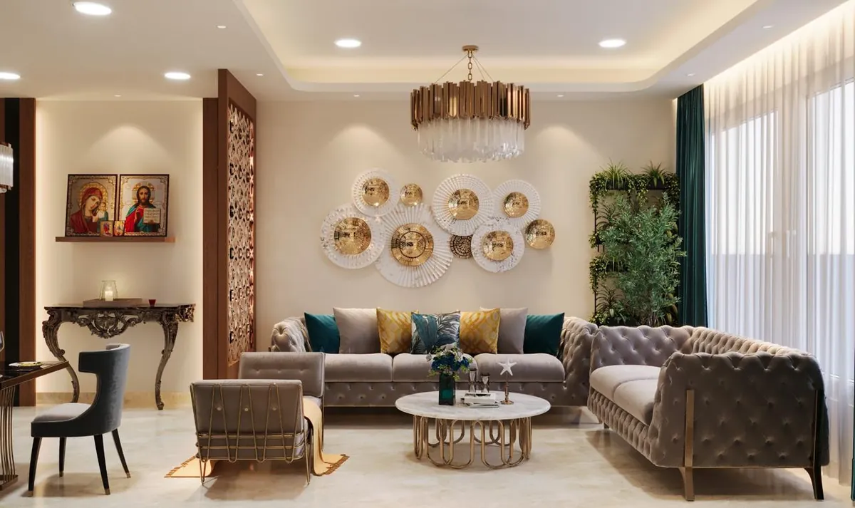 Living room with a sculptural wall-plate installation, tufted sofas and a carved jaali screen