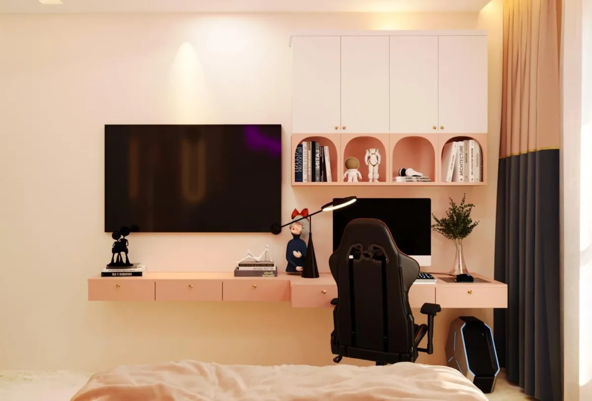 Floating blush study desk with arched display shelves and wall-mounted storage