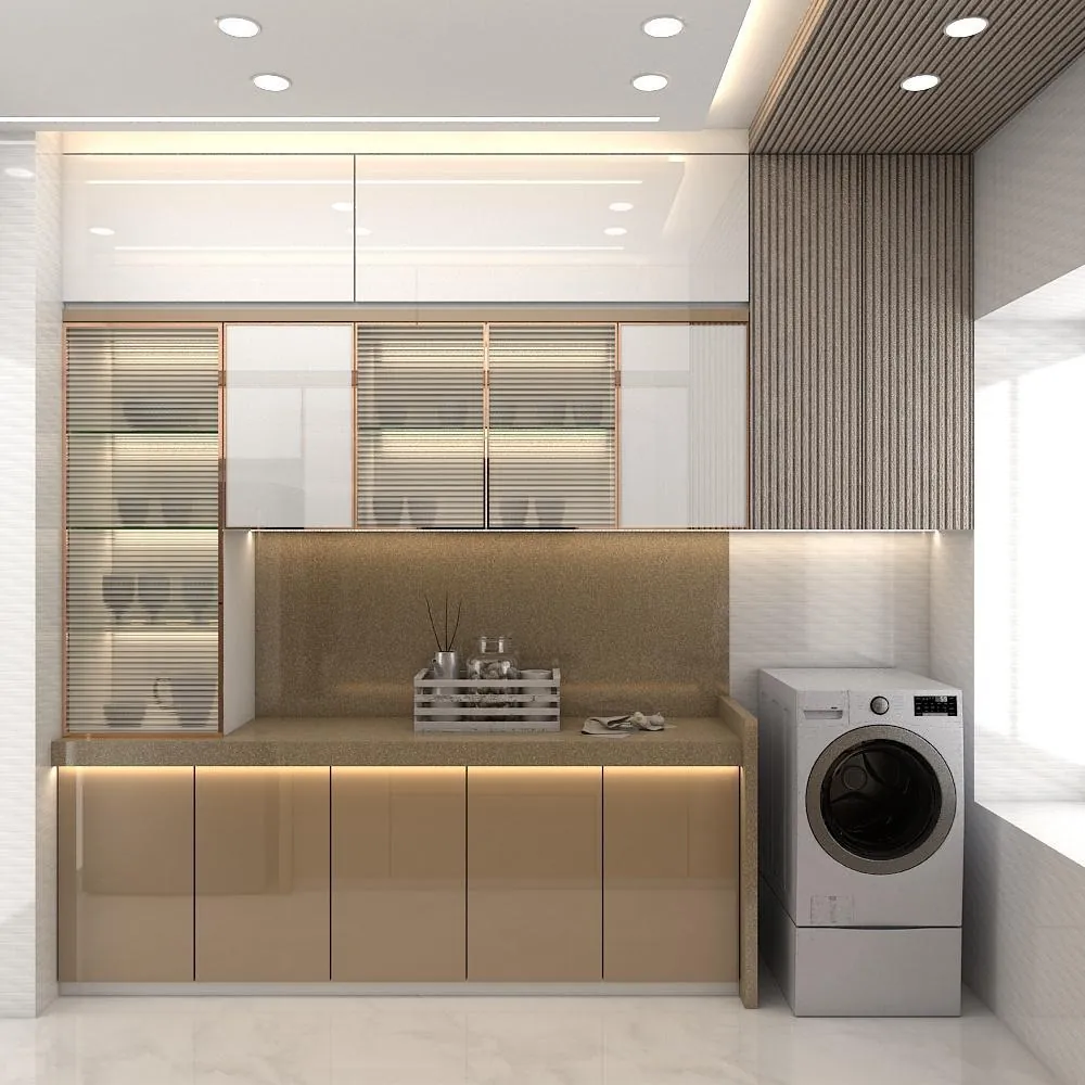 Utility kitchen with fluted-glass crockery shutters, champagne base cabinets and quartz counter